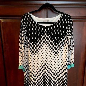 Black & White Geometric Print Dress with Teal Trim on sleeve and bottom